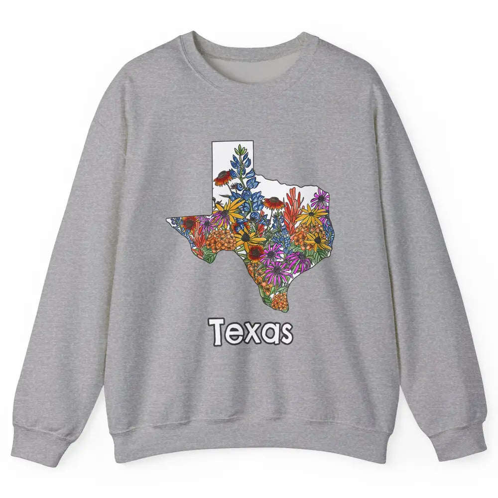 Texas Map Pride Wildflower Western Country Bluebonnet Flower Unisex Crewneck Sweatshirt