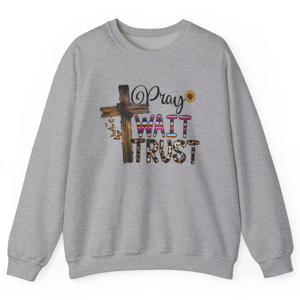 Sunflower Leopard Pray Wait Trust Christian Motivational Unisex Crewneck Sweatshirt