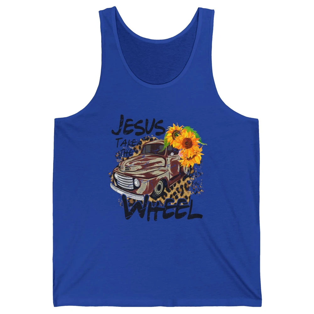 Sunflower Truck Jesus Take The Wheel Christian Gift Leopard Unisex Jersey Tank