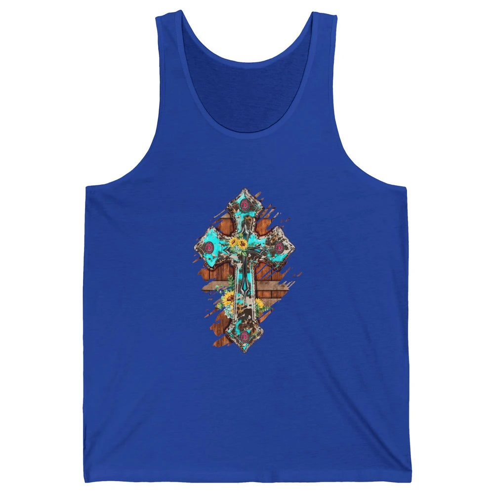 Western Country Boho Christian Turquoise Leopard Faith Cross Unisex Jersey Tank