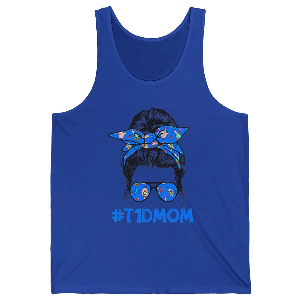 T1D Proud Mom Leopard Messy Bun Warrior Diabetes Awareness Unisex Jersey Tank