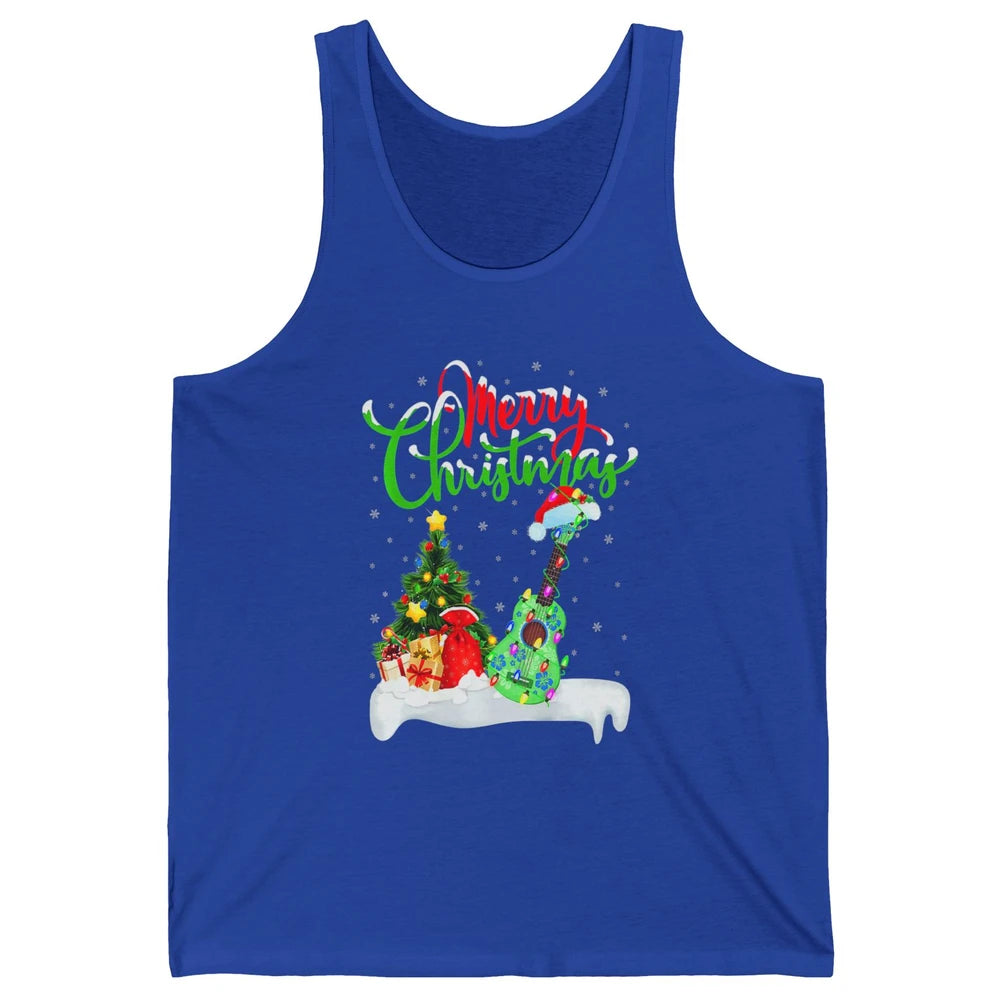 Merry Christmas Funny Ukulele Xmas Lights Santa Hat Music Unisex Jersey Tank