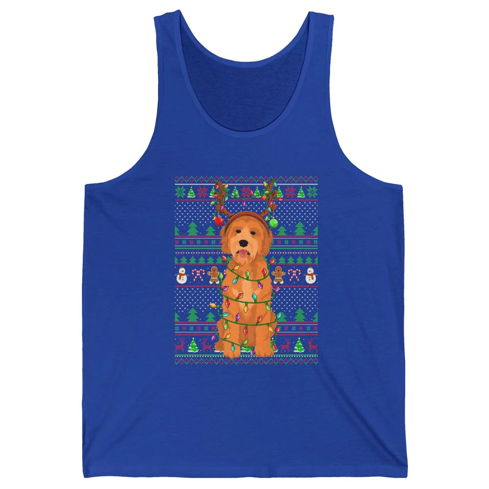 Merry Christmas Golden Doodle Dog Reindeer Xmas Lights Ugly Unisex Jersey Tank