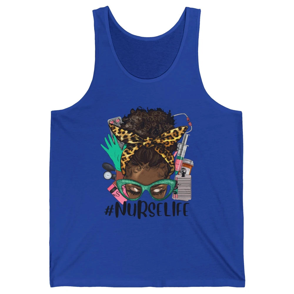 Afro Nurse Messy Bun Hair Black Melanin Nurse Life Leopard Unisex Jersey Tank