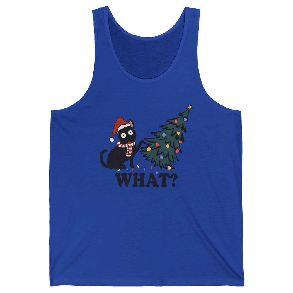 Funny Black Cat Pushing Christmas Tree What? Christmas Cat Unisex Jersey Tank