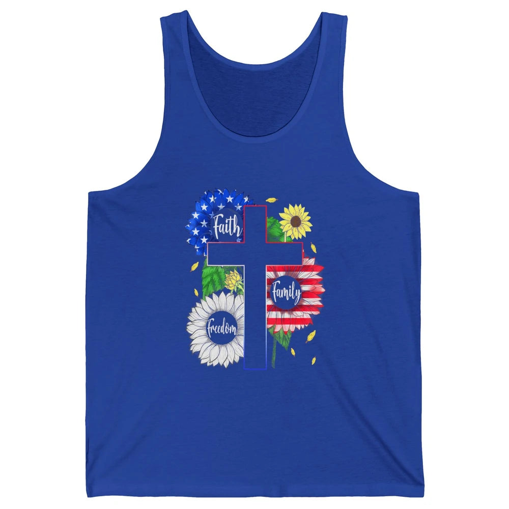 4th July American Flag Cross Faith Family Freedom Christian Unisex Jersey Tank