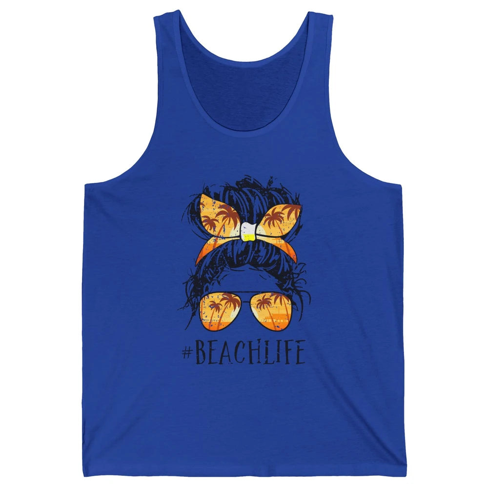 Beach Life Messy Bun Hair Retro Vintage Beach Palms Summer Unisex Jersey Tank