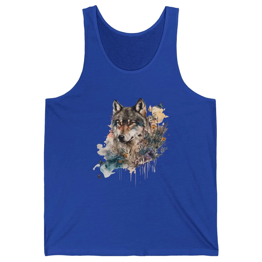 Watercolor Wolf Face Howl Butterfly Wolves Wild Animal Retro Unisex Jersey Tank