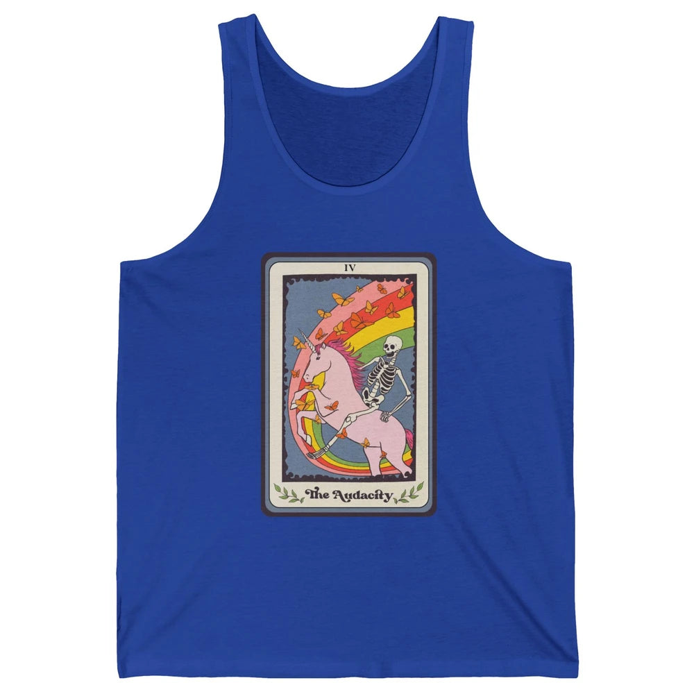 Retro Skeleton Rides Unicorn The Audacity Tarot Card Rainbow Unisex Jersey Tank