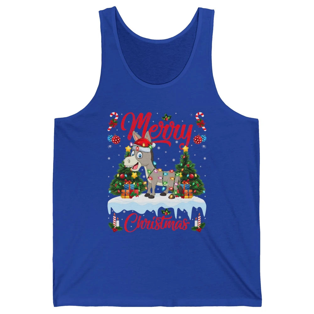 Merry Christmas Donkey Santa Claus Hat Xmas Tree Lights Snow Unisex Jersey Tank