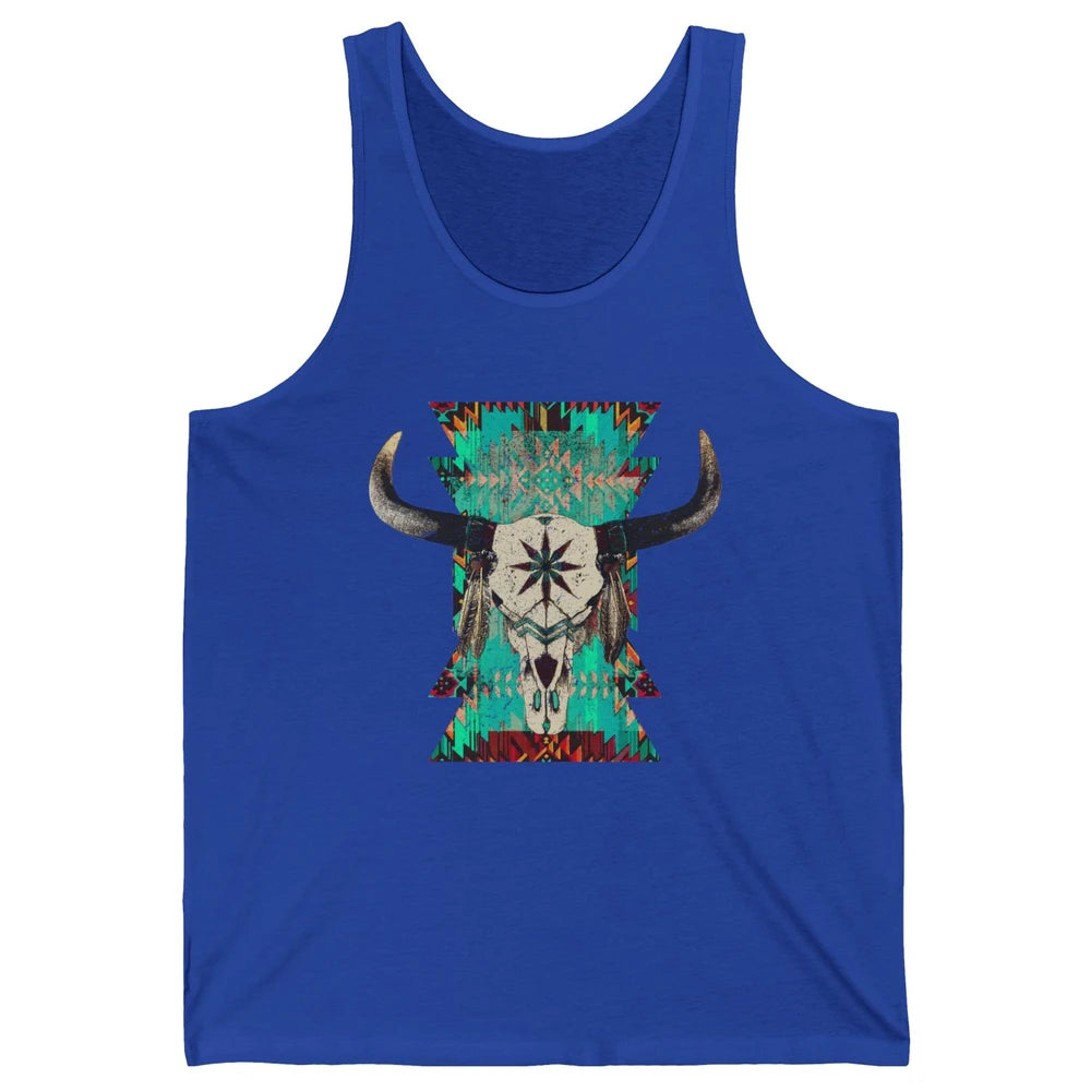 Boho Bull Skull Turquoise Aztec Western Country Rodeo Cowboy Unisex Jersey Tank