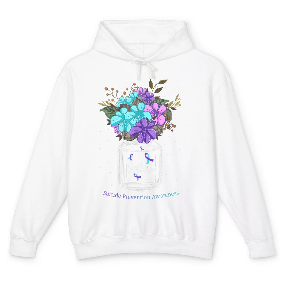 Cute Believe Flower Ribbon Support Suicide Prevention Month Unisex Lightweight Hoodie