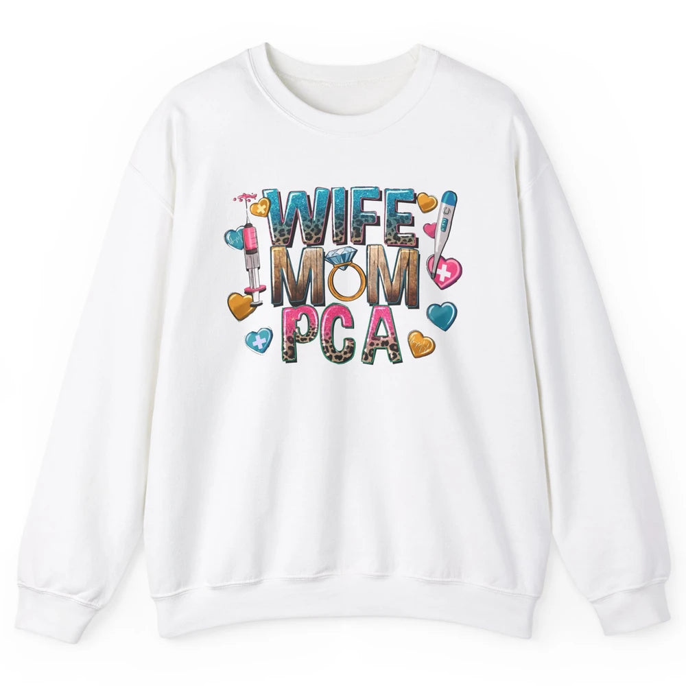 Wife Mom PCA Leopard Heart Western PCA Valentines Day Nurse Unisex Crewneck Sweatshirt