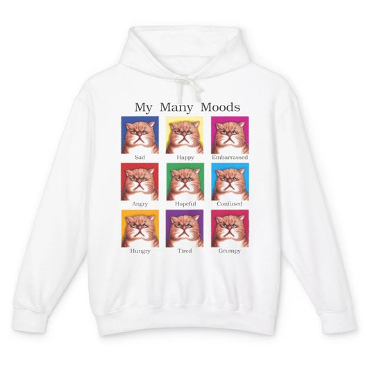 Funny My Many Moods Orange Cat Grumpy Face Kitten Pet Mom Unisex Lightweight Hoodie