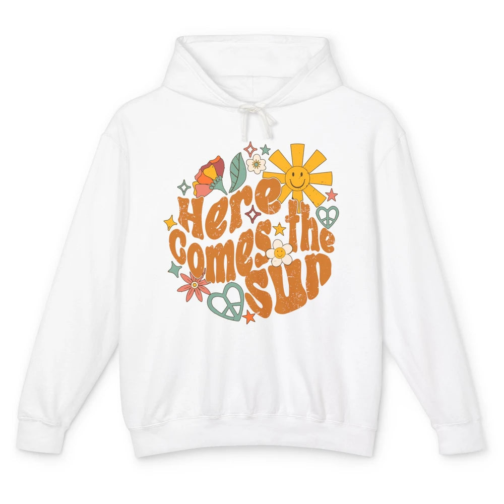 Retro Daisy Rainbow Sunrise Here Comes The Sun Hippie Girl Unisex Lightweight Hoodie