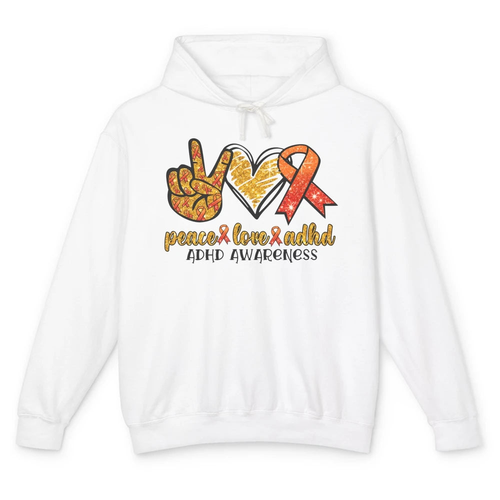 ADHD Awareness Month Peace Love ADHD Orange Ribbon Unisex Lightweight Hoodie