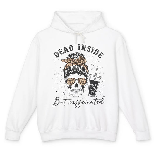 Funny Messy Bun Skull Dead Inside But Caffeinated Leopard Unisex Lightweight Hoodie