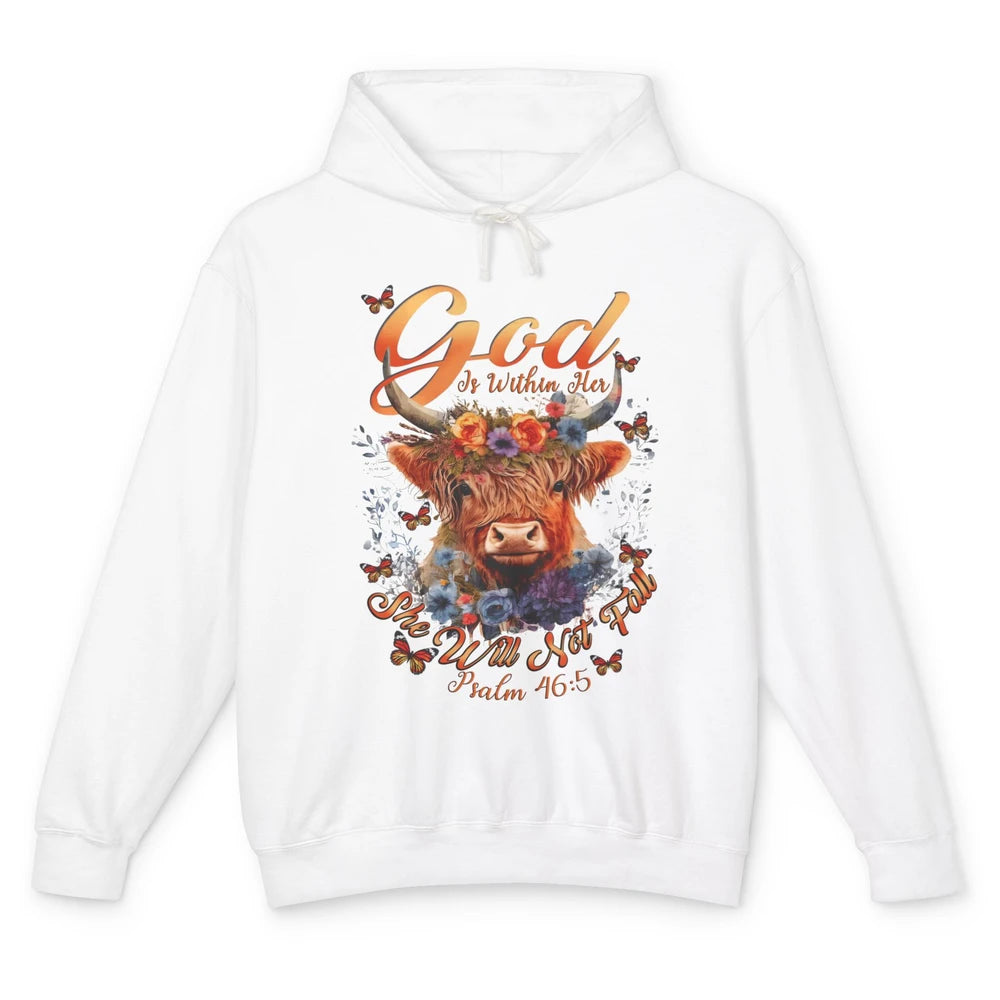 Christian Highland Cow God Is Within Her Bible Religious Unisex Lightweight Hoodie