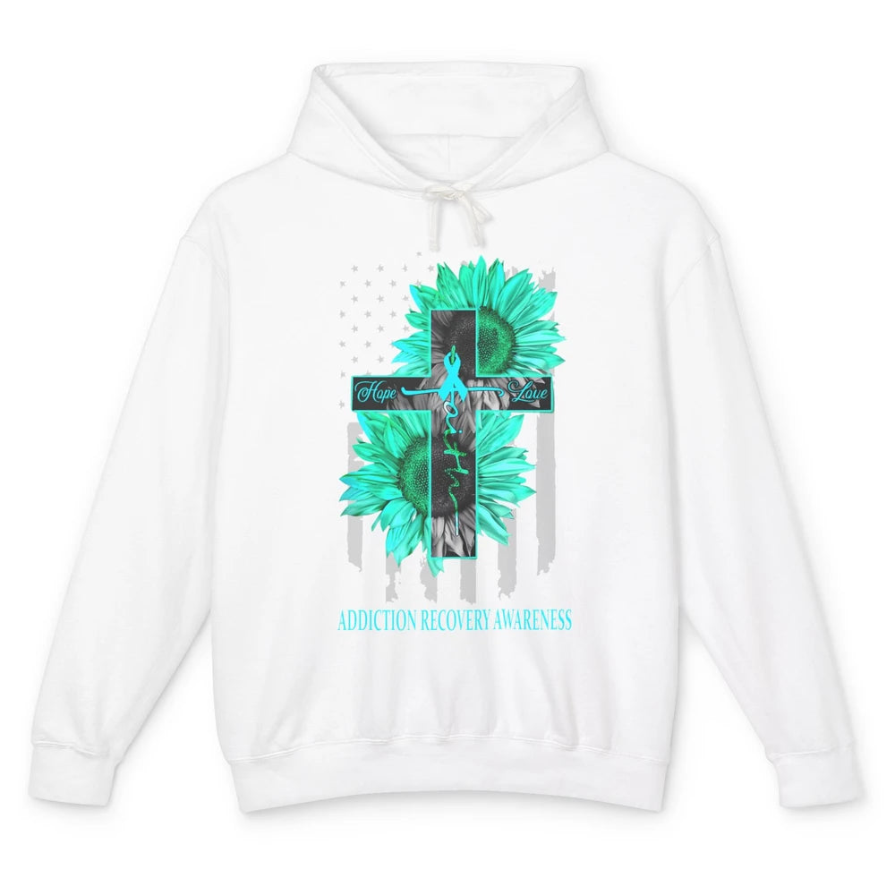 Addiction Recovery Faith Hope Love Teal US Flag Jesus Cross Unisex Lightweight Hoodie