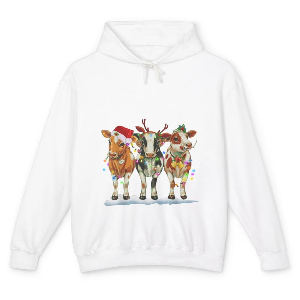 Funny Cow Christmas Lights Ugly Sweater Farm Xmas Gift Unisex Lightweight Hoodie