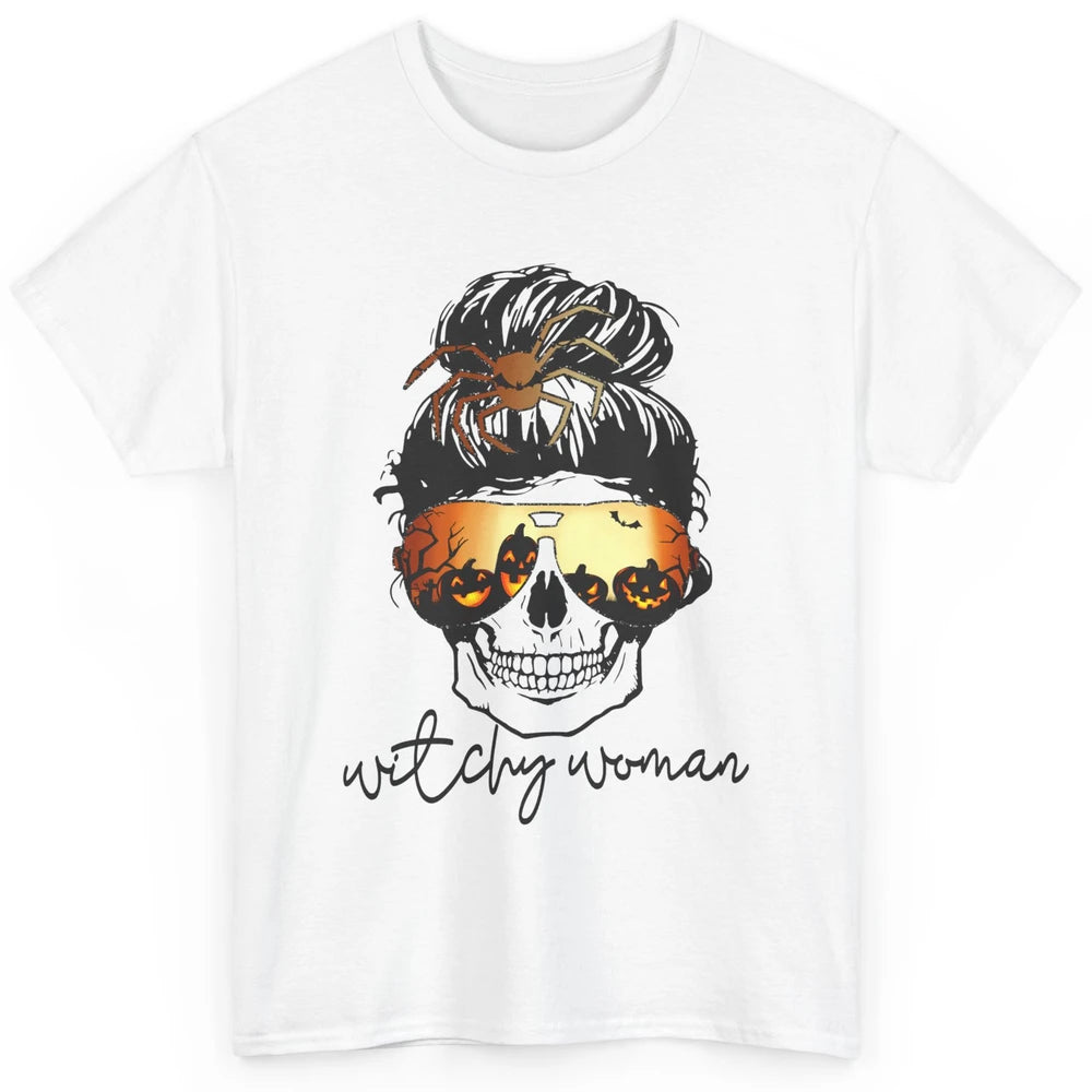 Witchy Woman Messy Bun Hair Skull Halloween Pumpkin Costume Classic Unisex T-Shirt