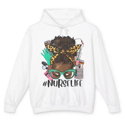 Afro Nurse Messy Bun Hair Black Melanin Nurse Life Leopard Unisex Lightweight Hoodie