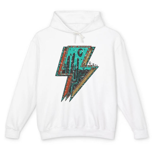 Retro Desert Cactus Night Turquoise Lightning Bolt Western Unisex Lightweight Hoodie