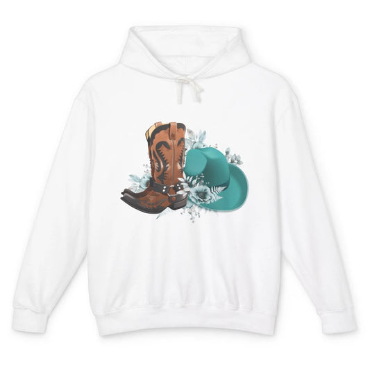 Retro Cowgirl Floral Turquoise Cowboy Boots Rodeo Western Unisex Lightweight Hoodie