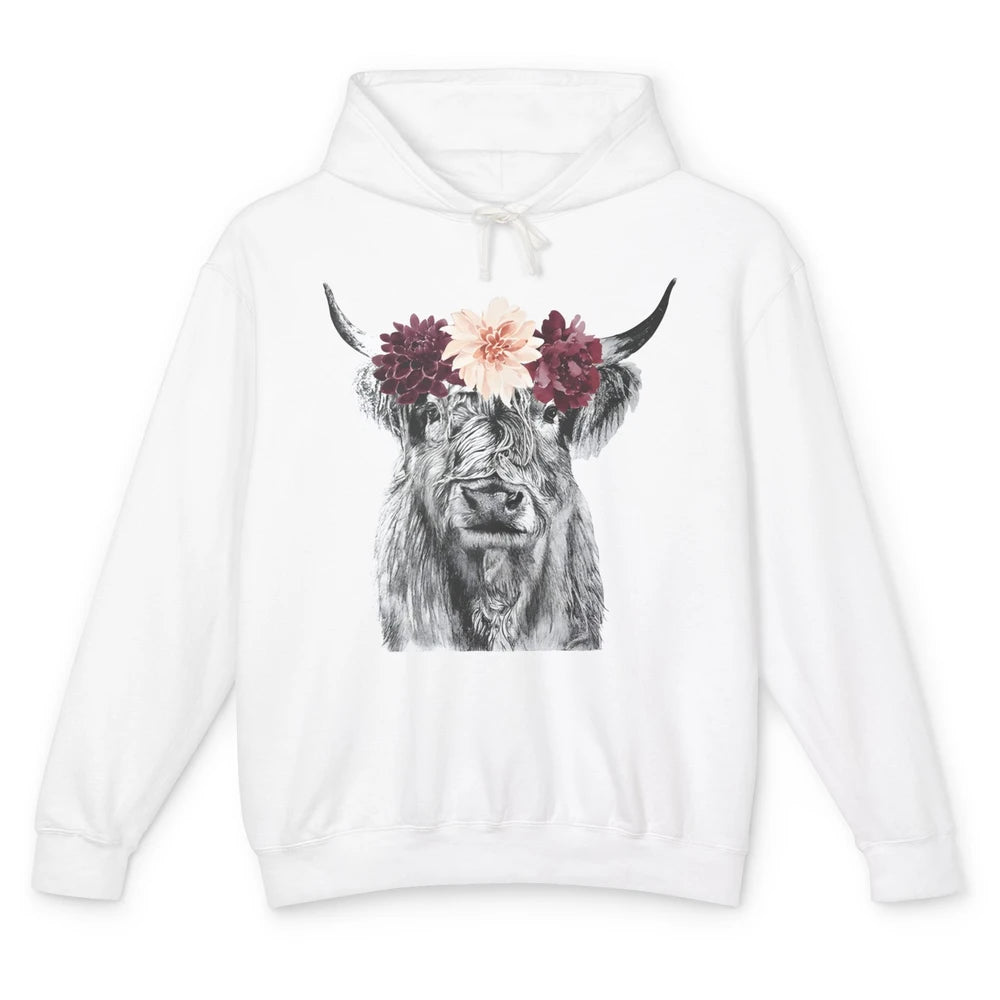 Heifer Highland Cow Flowers Farm Life Animal Floral Retro Unisex Lightweight Hoodie