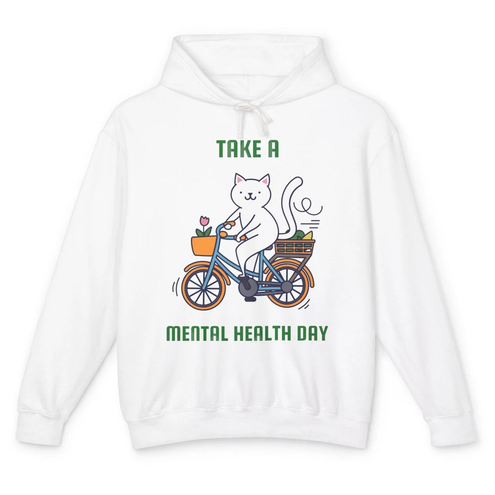 Take A Mental Health Day Cute Cat Bike Positive Therapist Unisex Lightweight Hoodie