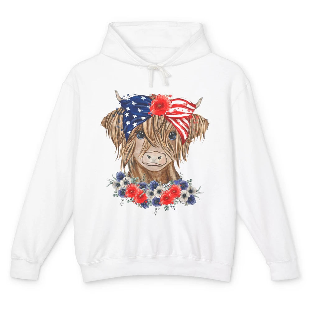 Funny Heifer Highland Cow Bandana America Flag 4th Of July Unisex Lightweight Hoodie