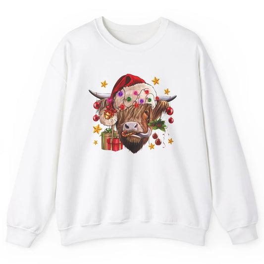 Highland Cow Joy Santa Hat Christmas Ornament Western Farm Unisex Crewneck Sweatshirt