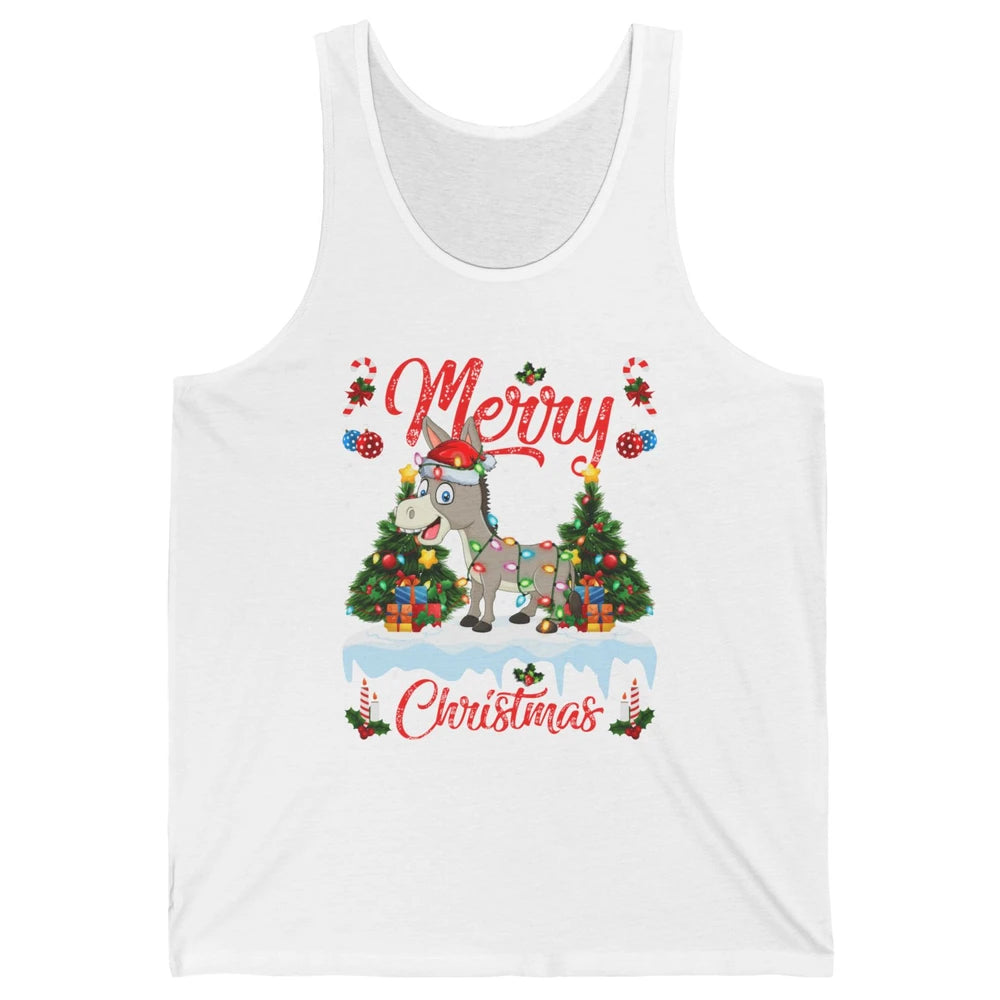 Merry Christmas Donkey Santa Claus Hat Xmas Tree Lights Snow Unisex Jersey Tank