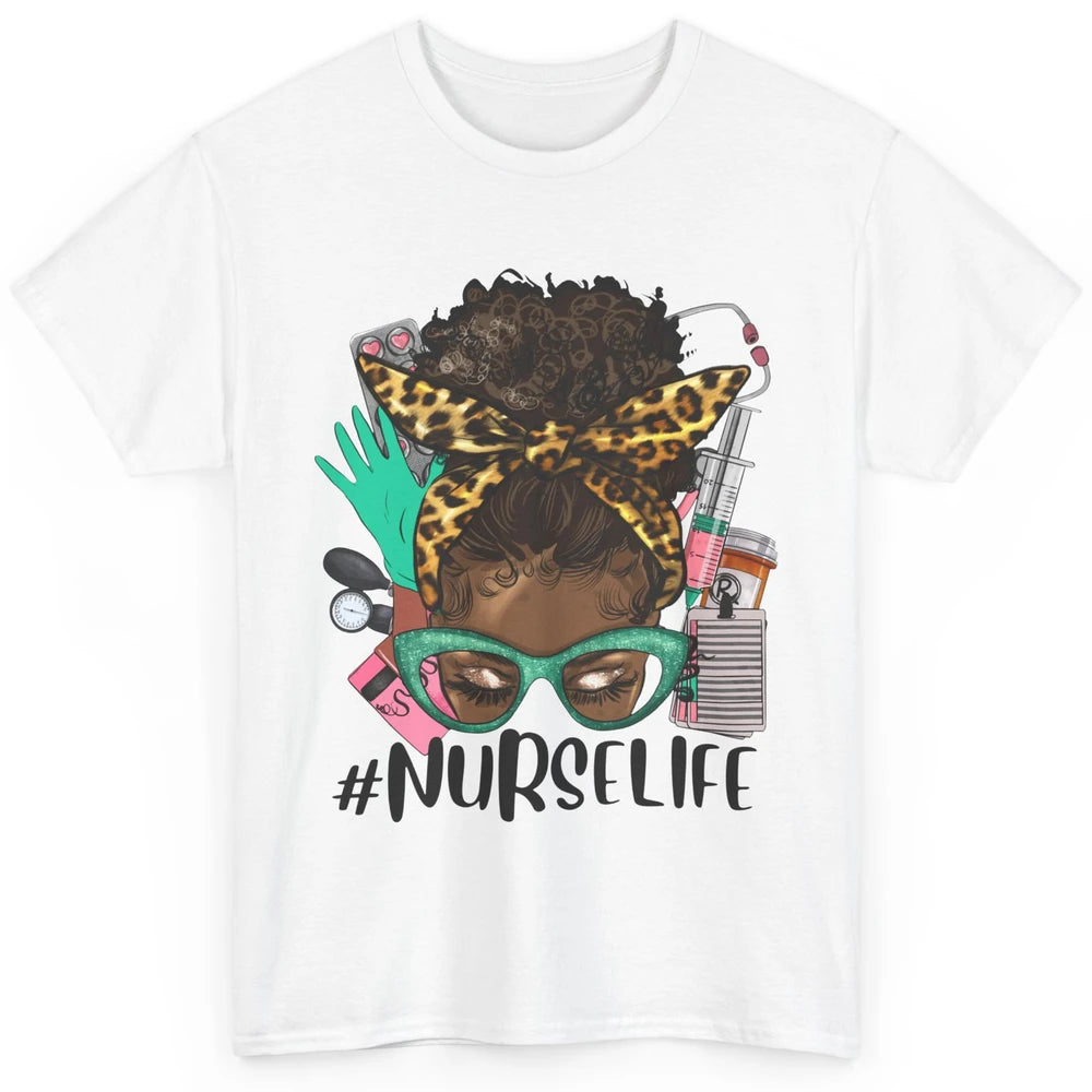 Afro Nurse Messy Bun Hair Black Melanin Nurse Life Leopard Classic Unisex T-Shirt