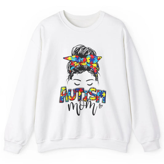 Autism Mom Messy Bun Hair Autism Awareness Puzzle Headband Unisex Crewneck Sweatshirt