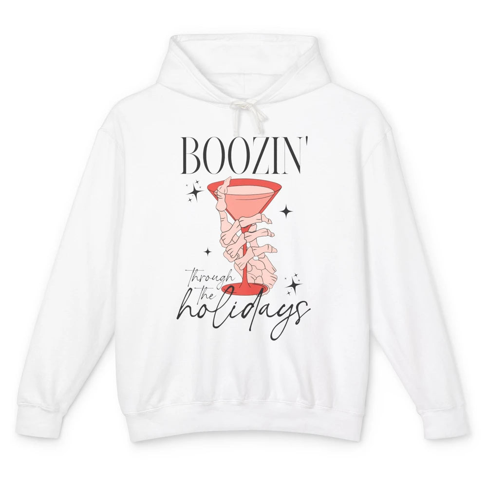 Boozin’ Through The Holidays Christmas Drinking Wine Glass Unisex Lightweight Hoodie