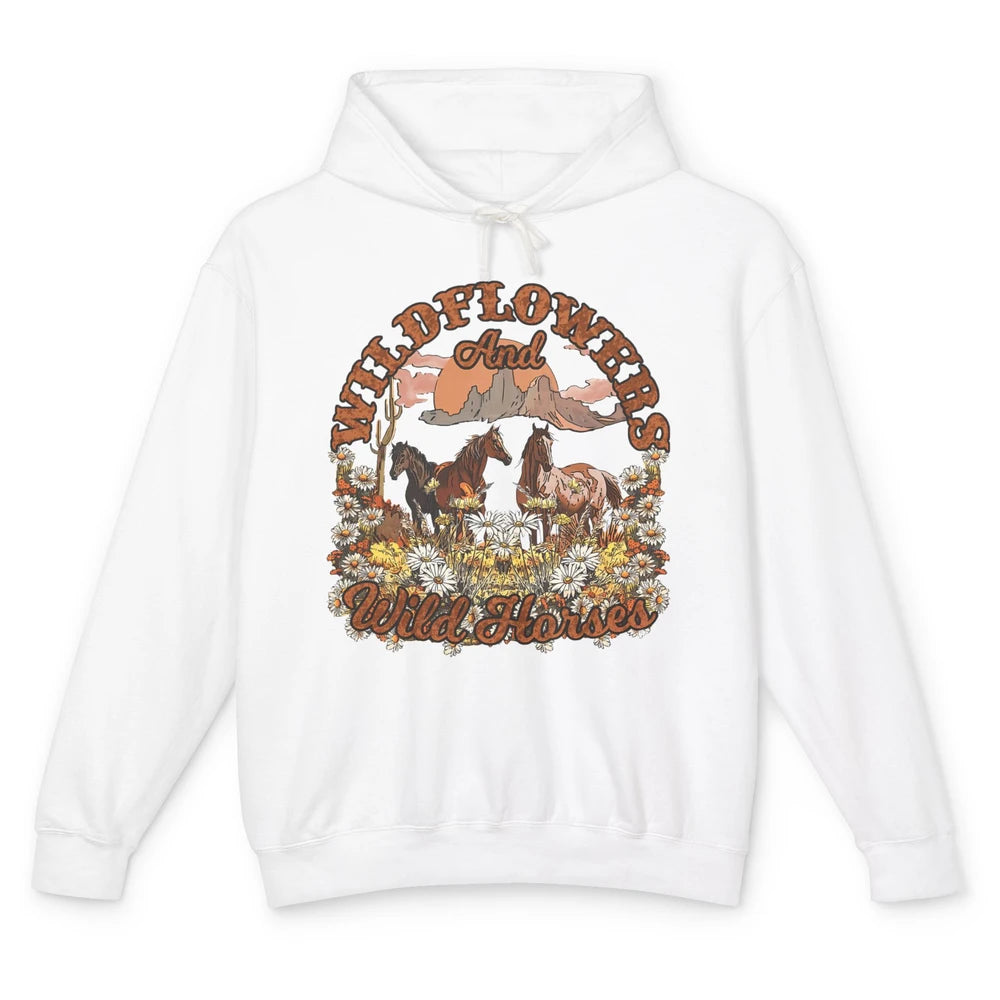 Retro Floral Desert Wildflowers Wild Horses Western Country Unisex Lightweight Hoodie