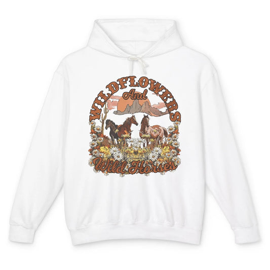 Retro Floral Desert Wildflowers Wild Horses Western Country Unisex Lightweight Hoodie