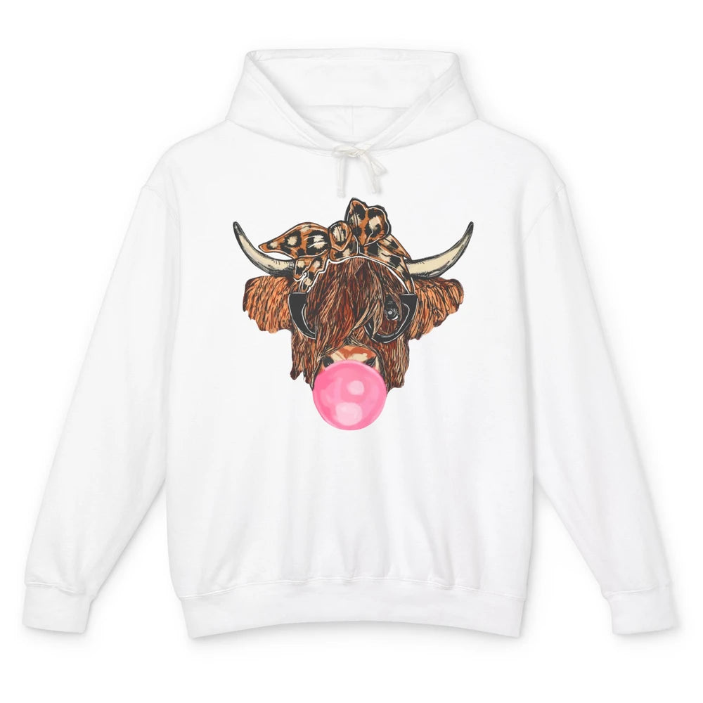 Highland Cow Leopard Bandana Glasses Bubble Gum Western Gift Unisex Lightweight Hoodie