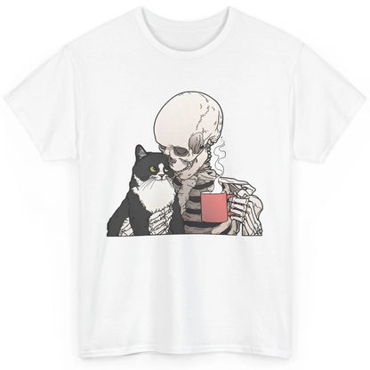 Funny Cat And Skeleton Drinking Coffee Best Friend Cat Lover Classic Unisex T-Shirt