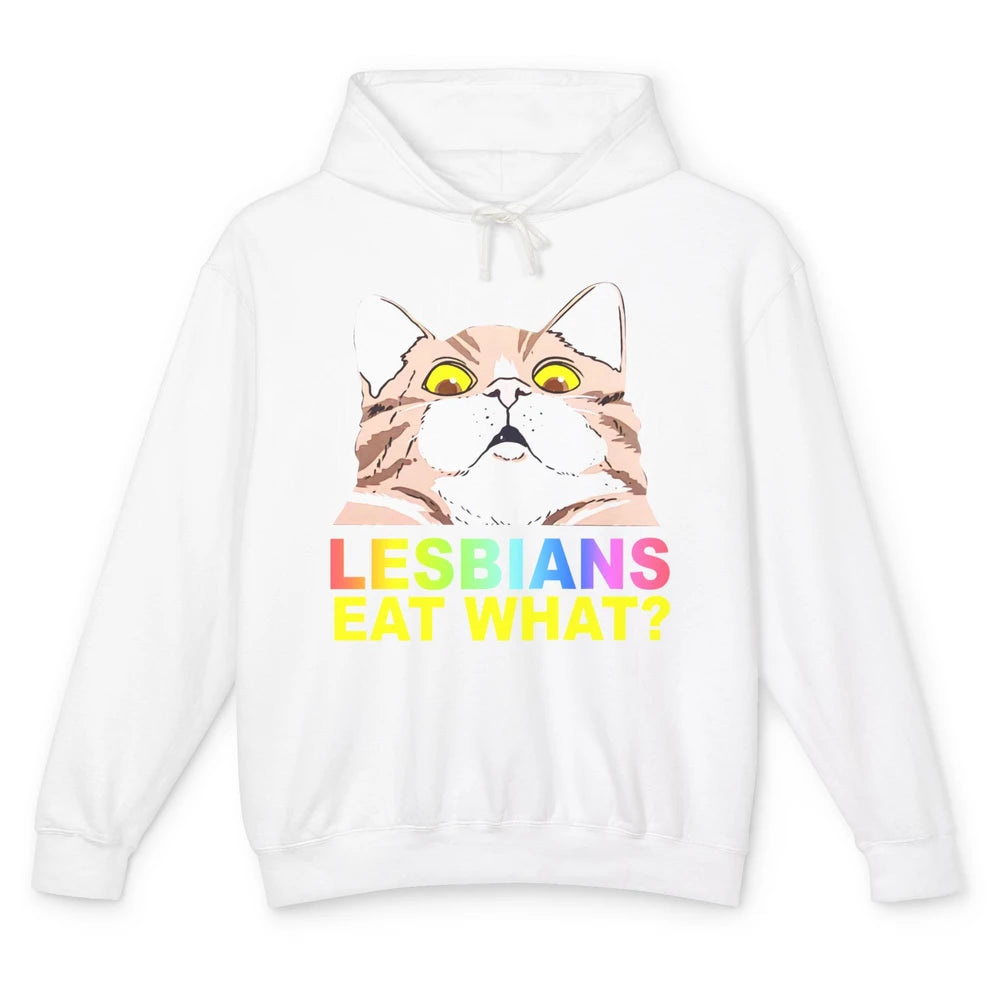 Funny Black Cat Lesbians Eat What LGBTQ Sarcastic Cat Mom Unisex Lightweight Hoodie