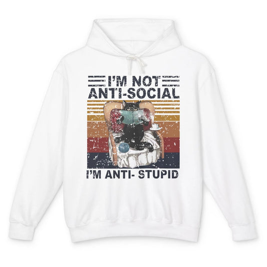 Retro Cat Reading I'm Not Anti-Social I'm Anti-Stupid Book Unisex Lightweight Hoodie