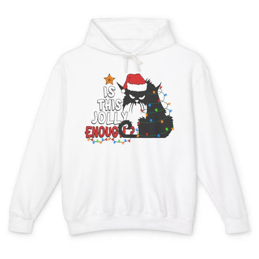 Funny Black Cat Christmas Light Santa This Jolly Enough Gift Unisex Lightweight Hoodie