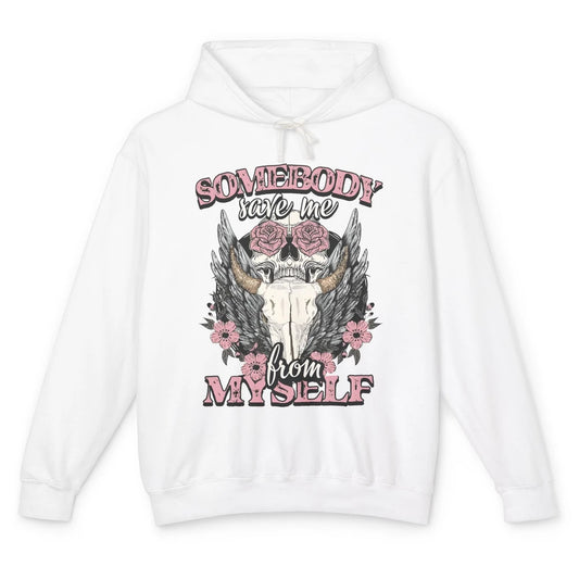 Retro Floral Bull Skull Somebody Save Me From Myself Western Unisex Lightweight Hoodie