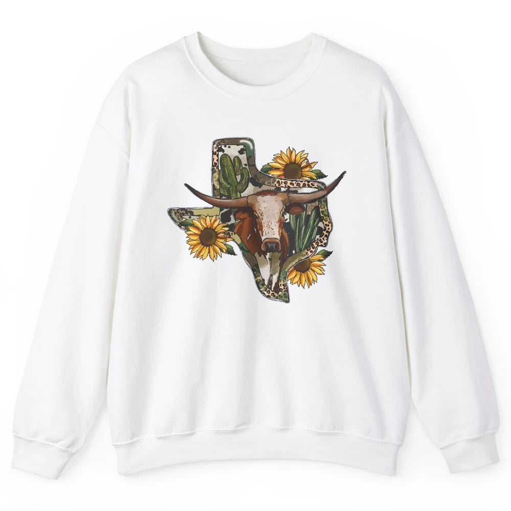 Texas Map Leopard Sunflower Western Texas Cow Longhorn Unisex Crewneck Sweatshirt