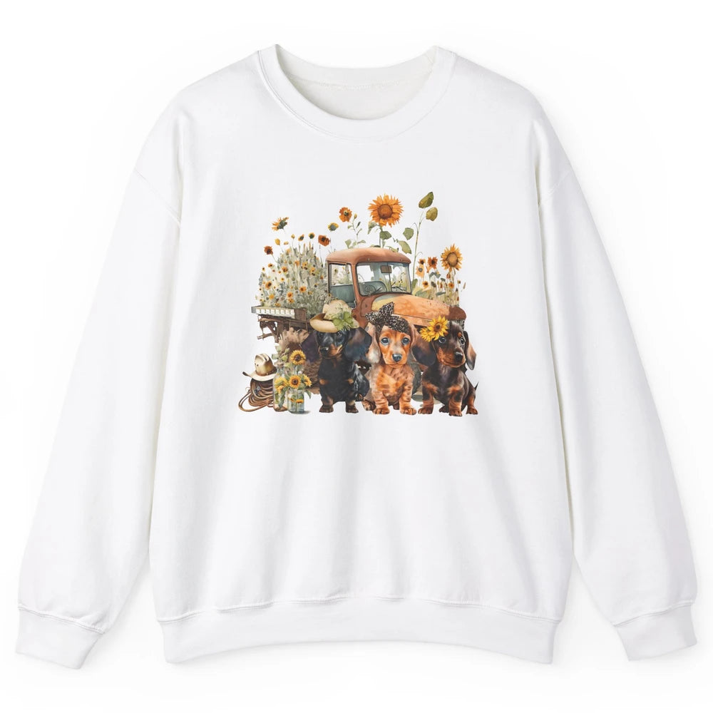 Vintage Truck And Sunflower Dachshund Mom Dachshund Lovers Unisex Crewneck Sweatshirt