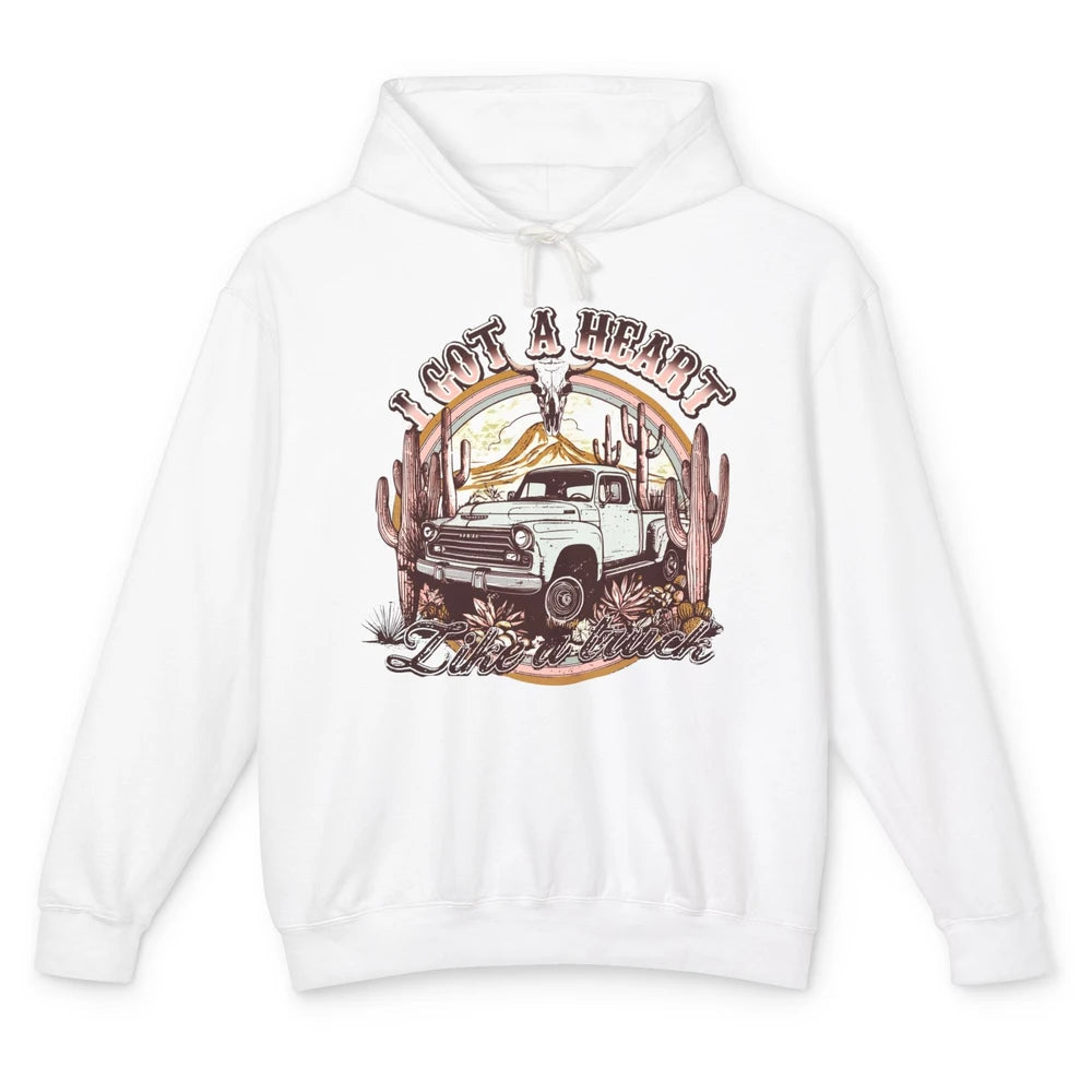 Retro Desert Bull Skull I Got A Heart Like A Truck Western Unisex Lightweight Hoodie