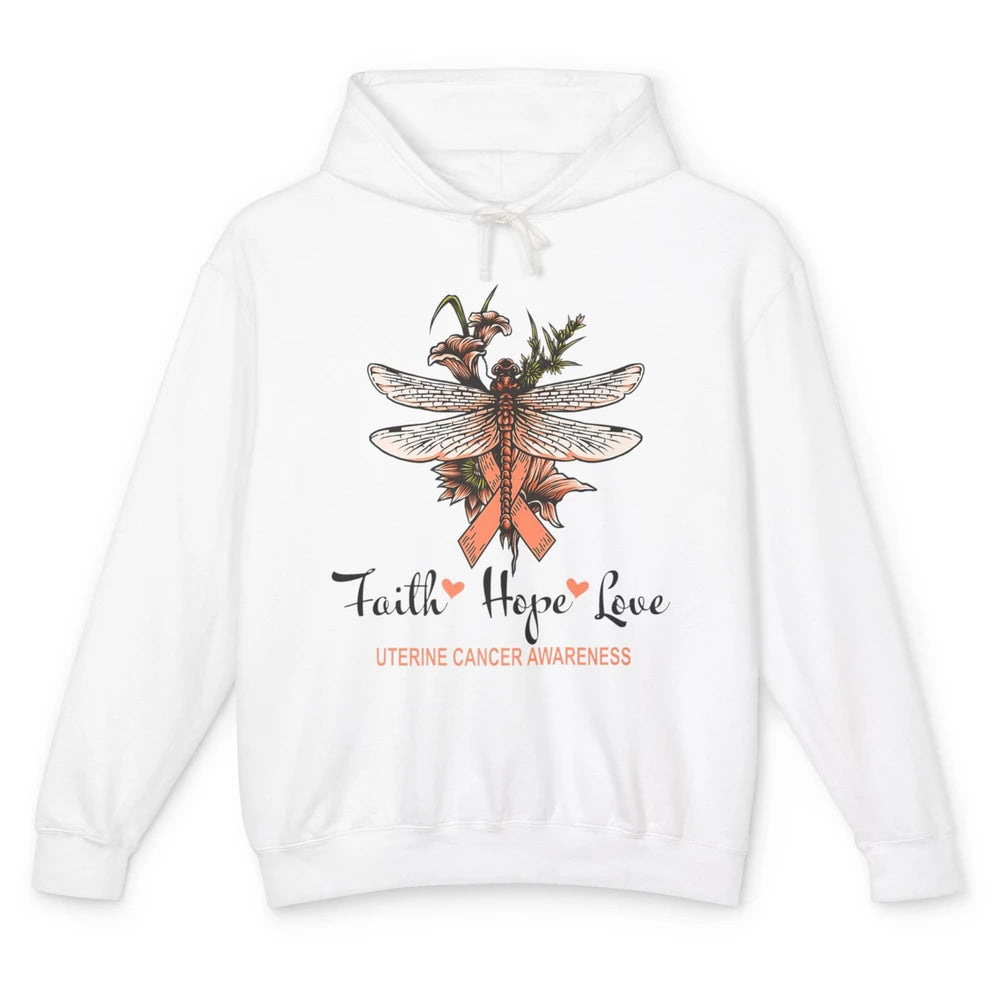 Faith Hope Love Dragonfly Peach Uterine Cancer Awareness Unisex Lightweight Hoodie