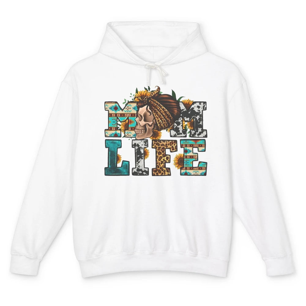 Sunflower Leopard Messy Bun Skull Mom Life Western Mama Life Unisex Lightweight Hoodie