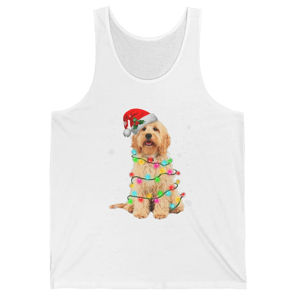 Merry Christmas Golden Doodle Dog Santa Hat Xmas Tree Lights Unisex Jersey Tank